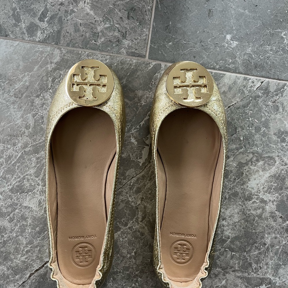 Tory Burch “Minnie” Gold Flats with Iconic Medallion